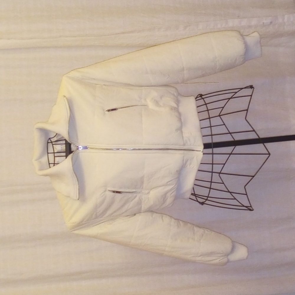 Cropped Puffer Jacket with Knit Collar - Cream sz Large